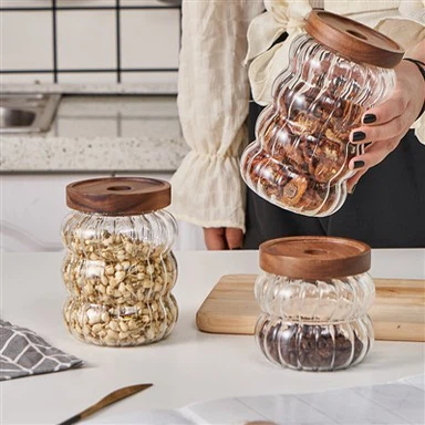 Akasiya yog'och qopqoqli shisha ovqat va ziravorlar idishlari